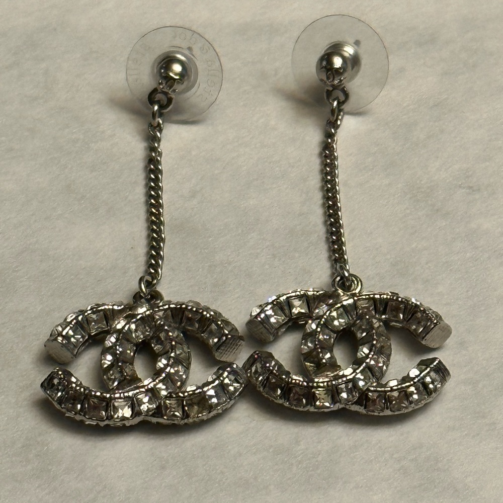 Authentic Chanel Crystal Chain CC Logo Dangle Drop Earrings - Picture 9 of 12